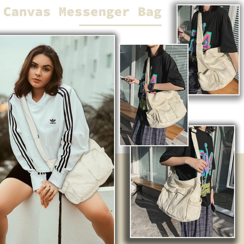 yaucher Store Canvas Messenger Bag Large Hobo Crossbody Bag with Multiple Pockets Casual Shoulder Tote Bag for Women and Men - Image 1